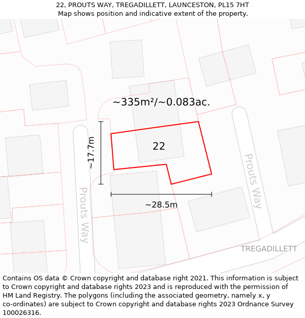 22, PROUTS WAY, TREGADILLETT, LAUNCESTON, PL15 7HT: Plot and title map