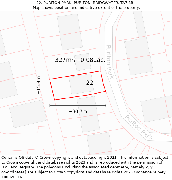 22, PURITON PARK, PURITON, BRIDGWATER, TA7 8BL: Plot and title map