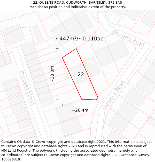 22, QUEENS ROAD, CUDWORTH, BARNSLEY, S72 8AS: Plot and title map