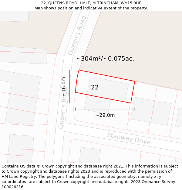 22, QUEENS ROAD, HALE, ALTRINCHAM, WA15 9HE: Plot and title map