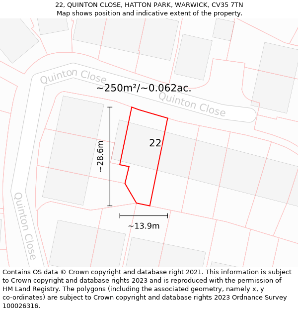 22, QUINTON CLOSE, HATTON PARK, WARWICK, CV35 7TN: Plot and title map