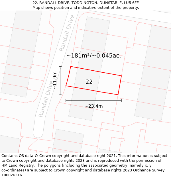 22, RANDALL DRIVE, TODDINGTON, DUNSTABLE, LU5 6FE: Plot and title map