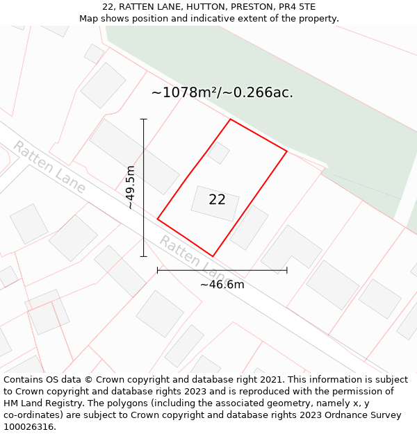 22, RATTEN LANE, HUTTON, PRESTON, PR4 5TE: Plot and title map