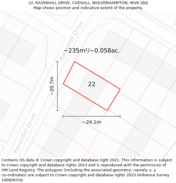 22, RAVENHILL DRIVE, CODSALL, WOLVERHAMPTON, WV8 1BQ: Plot and title map