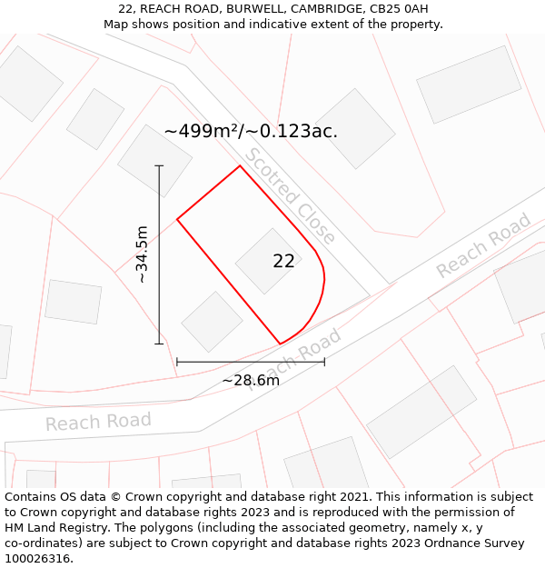 22, REACH ROAD, BURWELL, CAMBRIDGE, CB25 0AH: Plot and title map