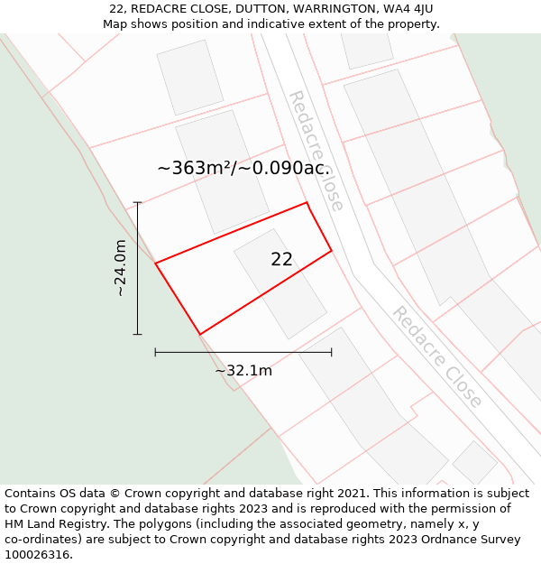 22, REDACRE CLOSE, DUTTON, WARRINGTON, WA4 4JU: Plot and title map
