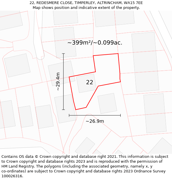 22, REDESMERE CLOSE, TIMPERLEY, ALTRINCHAM, WA15 7EE: Plot and title map