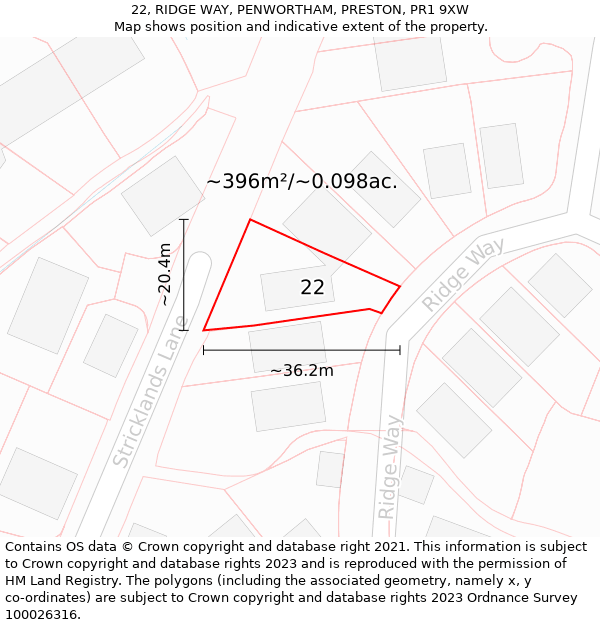 22, RIDGE WAY, PENWORTHAM, PRESTON, PR1 9XW: Plot and title map