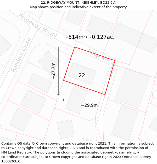 22, RIDGEWAY MOUNT, KEIGHLEY, BD22 6LY: Plot and title map