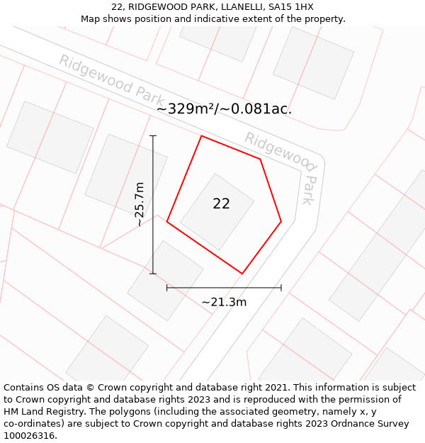 22, RIDGEWOOD PARK, LLANELLI, SA15 1HX: Plot and title map