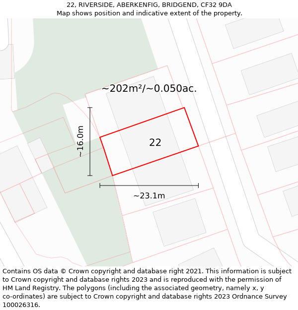 22, RIVERSIDE, ABERKENFIG, BRIDGEND, CF32 9DA: Plot and title map