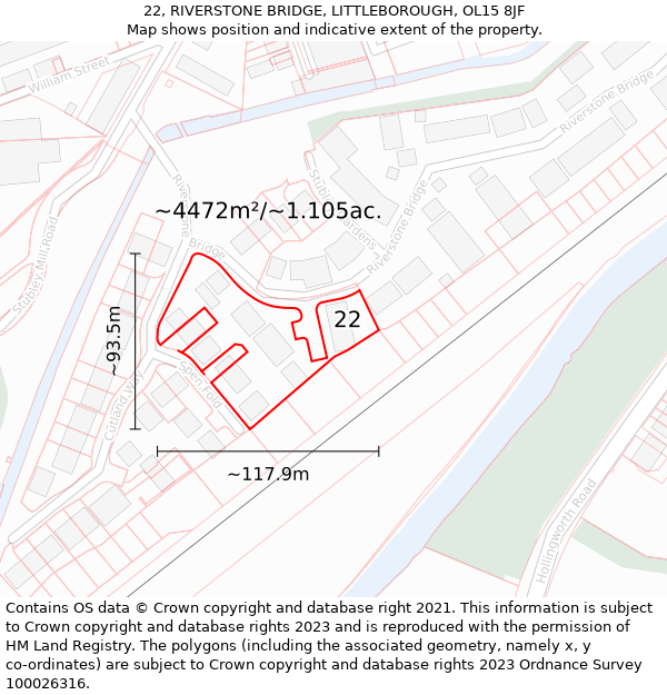 22, RIVERSTONE BRIDGE, LITTLEBOROUGH, OL15 8JF: Plot and title map