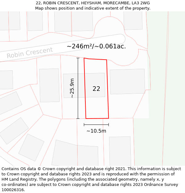 22, ROBIN CRESCENT, HEYSHAM, MORECAMBE, LA3 2WG: Plot and title map