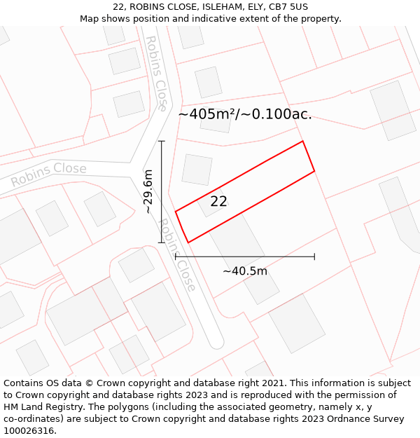 22, ROBINS CLOSE, ISLEHAM, ELY, CB7 5US: Plot and title map