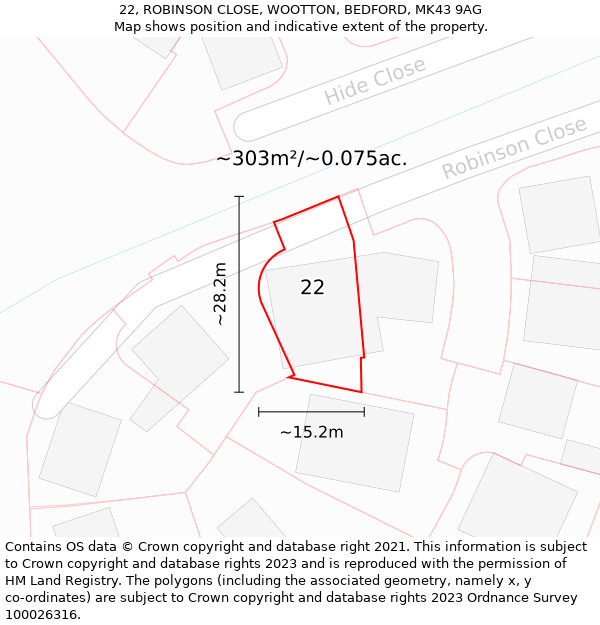 22, ROBINSON CLOSE, WOOTTON, BEDFORD, MK43 9AG: Plot and title map