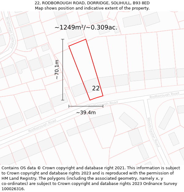 22, RODBOROUGH ROAD, DORRIDGE, SOLIHULL, B93 8ED: Plot and title map