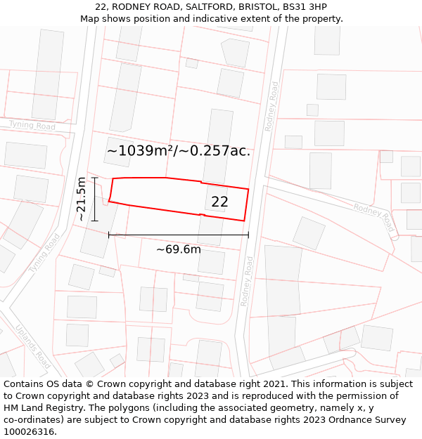 22, RODNEY ROAD, SALTFORD, BRISTOL, BS31 3HP: Plot and title map
