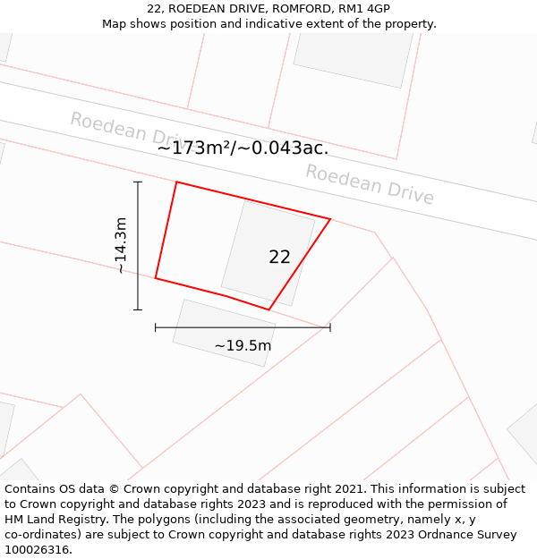22, ROEDEAN DRIVE, ROMFORD, RM1 4GP: Plot and title map