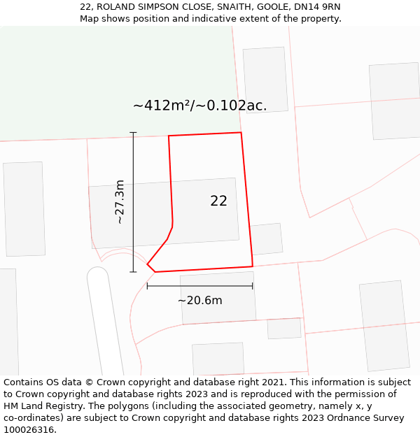 22, ROLAND SIMPSON CLOSE, SNAITH, GOOLE, DN14 9RN: Plot and title map