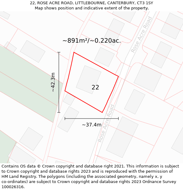 22, ROSE ACRE ROAD, LITTLEBOURNE, CANTERBURY, CT3 1SY: Plot and title map