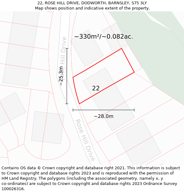 22, ROSE HILL DRIVE, DODWORTH, BARNSLEY, S75 3LY: Plot and title map