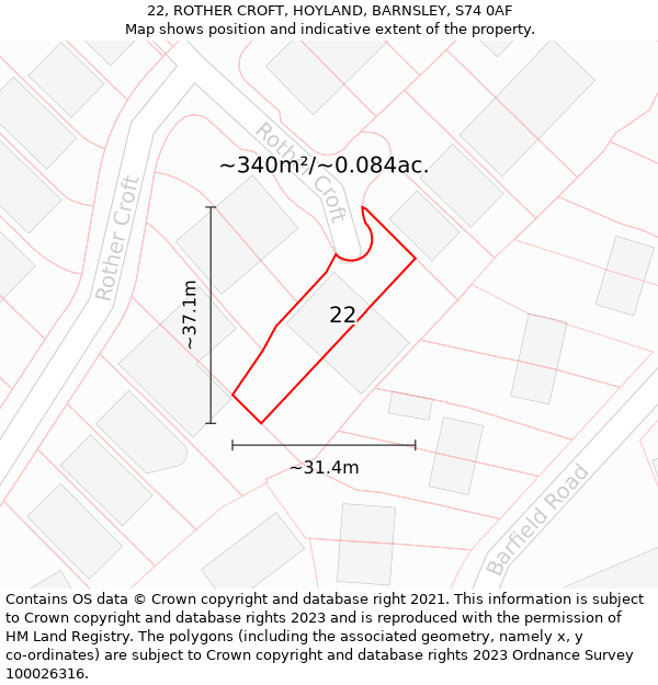 22, ROTHER CROFT, HOYLAND, BARNSLEY, S74 0AF: Plot and title map