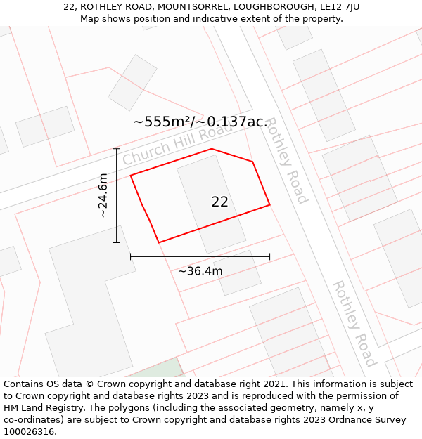 22, ROTHLEY ROAD, MOUNTSORREL, LOUGHBOROUGH, LE12 7JU: Plot and title map