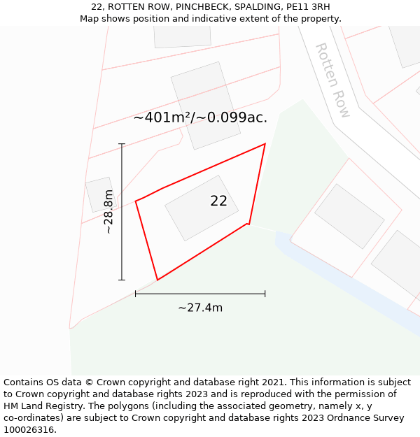 22, ROTTEN ROW, PINCHBECK, SPALDING, PE11 3RH: Plot and title map