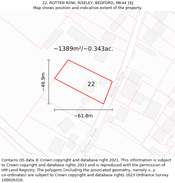 22, ROTTEN ROW, RISELEY, BEDFORD, MK44 1EJ: Plot and title map