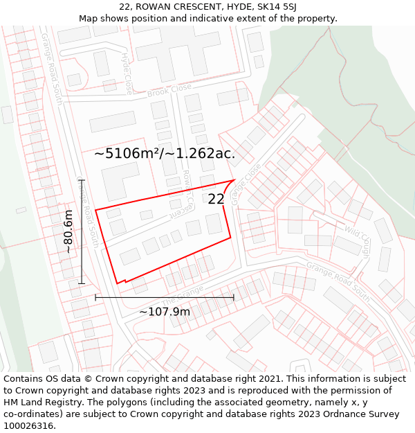 22, ROWAN CRESCENT, HYDE, SK14 5SJ: Plot and title map