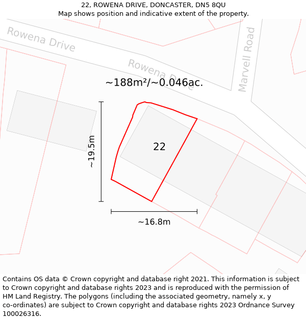 22, ROWENA DRIVE, DONCASTER, DN5 8QU: Plot and title map