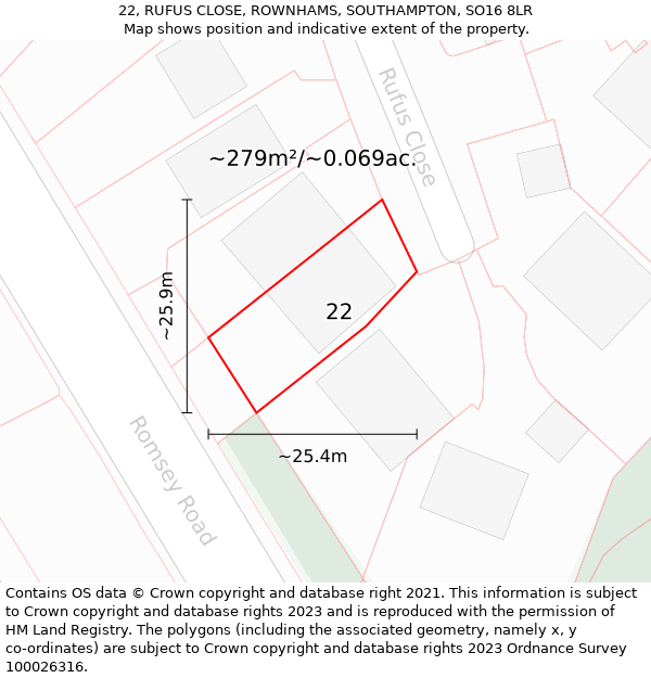 22, RUFUS CLOSE, ROWNHAMS, SOUTHAMPTON, SO16 8LR: Plot and title map