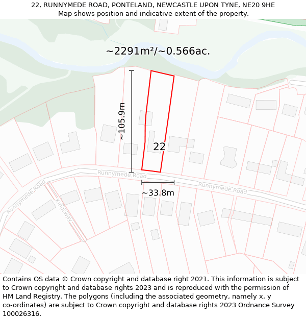 22, RUNNYMEDE ROAD, PONTELAND, NEWCASTLE UPON TYNE, NE20 9HE: Plot and title map