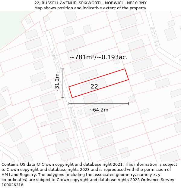 22, RUSSELL AVENUE, SPIXWORTH, NORWICH, NR10 3NY: Plot and title map