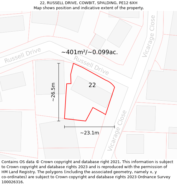 22, RUSSELL DRIVE, COWBIT, SPALDING, PE12 6XH: Plot and title map