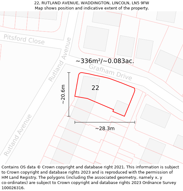 22, RUTLAND AVENUE, WADDINGTON, LINCOLN, LN5 9FW: Plot and title map