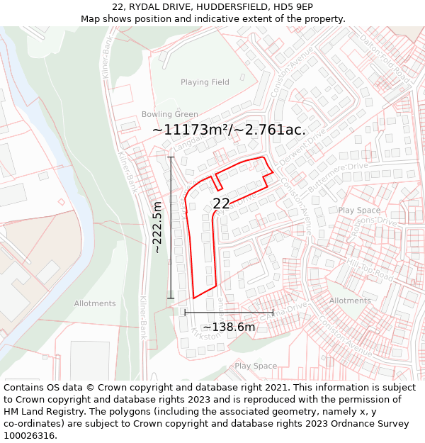 22, RYDAL DRIVE, HUDDERSFIELD, HD5 9EP: Plot and title map