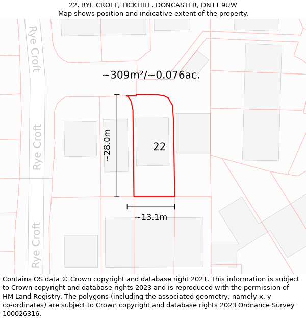 22, RYE CROFT, TICKHILL, DONCASTER, DN11 9UW: Plot and title map