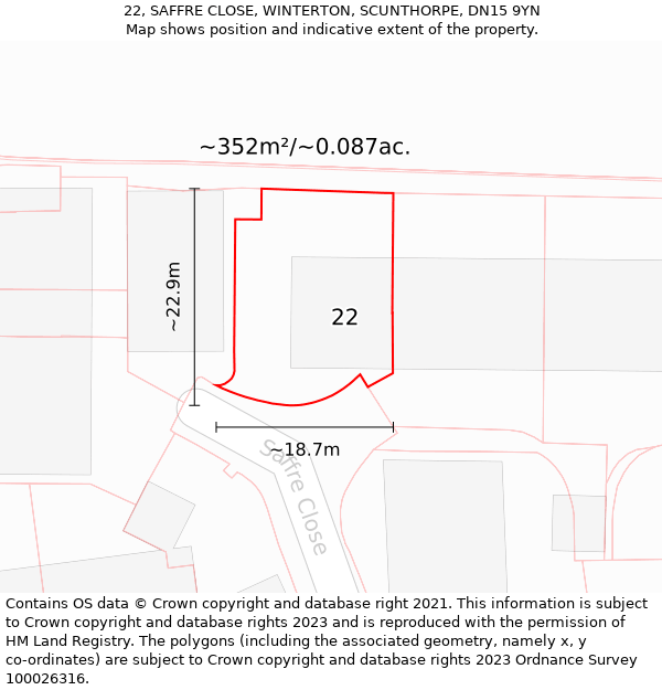 22, SAFFRE CLOSE, WINTERTON, SCUNTHORPE, DN15 9YN: Plot and title map