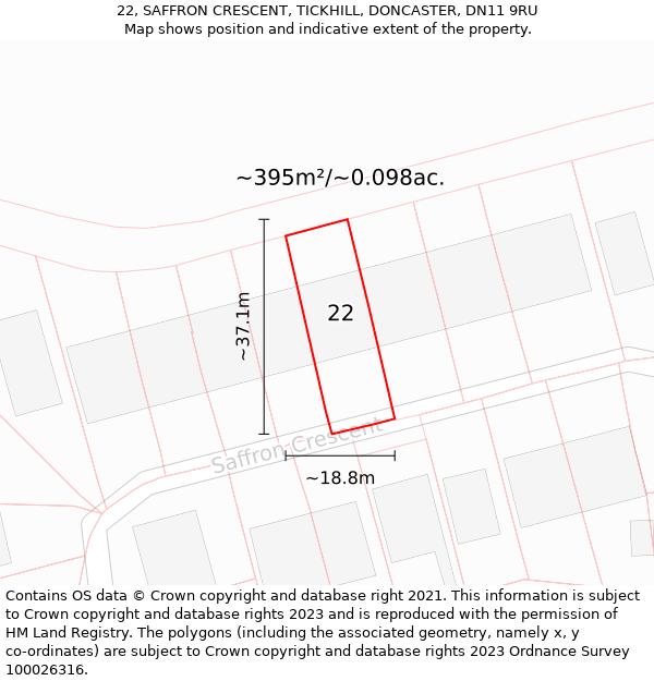 22, SAFFRON CRESCENT, TICKHILL, DONCASTER, DN11 9RU: Plot and title map