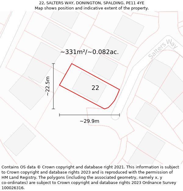 22, SALTERS WAY, DONINGTON, SPALDING, PE11 4YE: Plot and title map