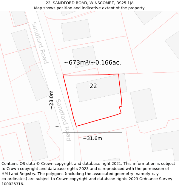 22, SANDFORD ROAD, WINSCOMBE, BS25 1JA: Plot and title map