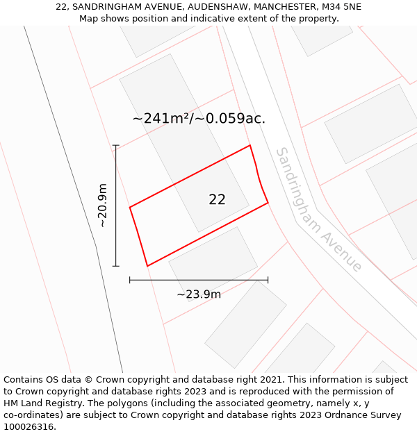 22, SANDRINGHAM AVENUE, AUDENSHAW, MANCHESTER, M34 5NE: Plot and title map