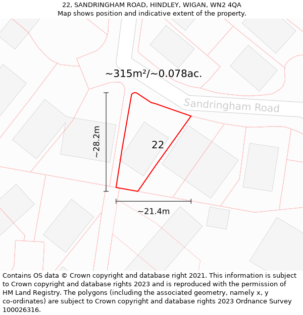 22, SANDRINGHAM ROAD, HINDLEY, WIGAN, WN2 4QA: Plot and title map