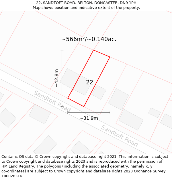 22, SANDTOFT ROAD, BELTON, DONCASTER, DN9 1PH: Plot and title map