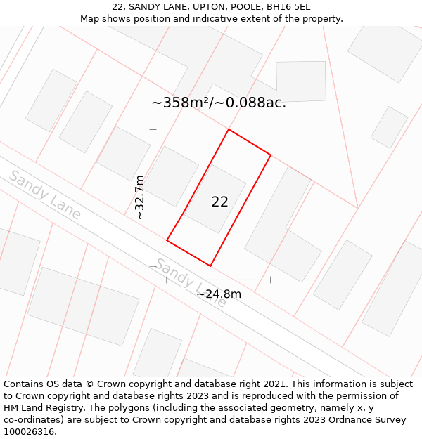 22, SANDY LANE, UPTON, POOLE, BH16 5EL: Plot and title map