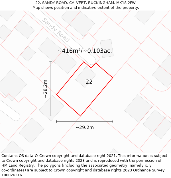 22, SANDY ROAD, CALVERT, BUCKINGHAM, MK18 2FW: Plot and title map