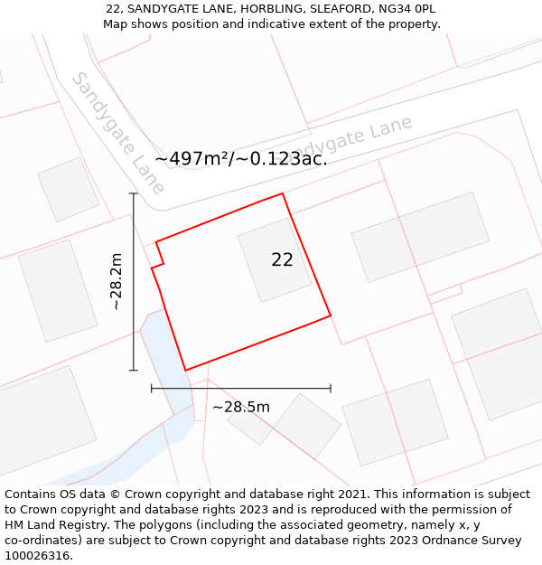 22, SANDYGATE LANE, HORBLING, SLEAFORD, NG34 0PL: Plot and title map