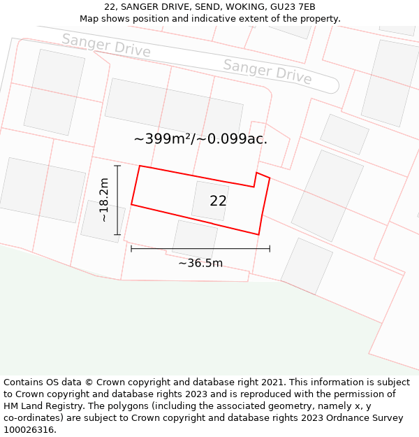 22, SANGER DRIVE, SEND, WOKING, GU23 7EB: Plot and title map