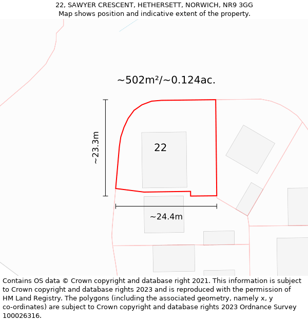 22, SAWYER CRESCENT, HETHERSETT, NORWICH, NR9 3GG: Plot and title map